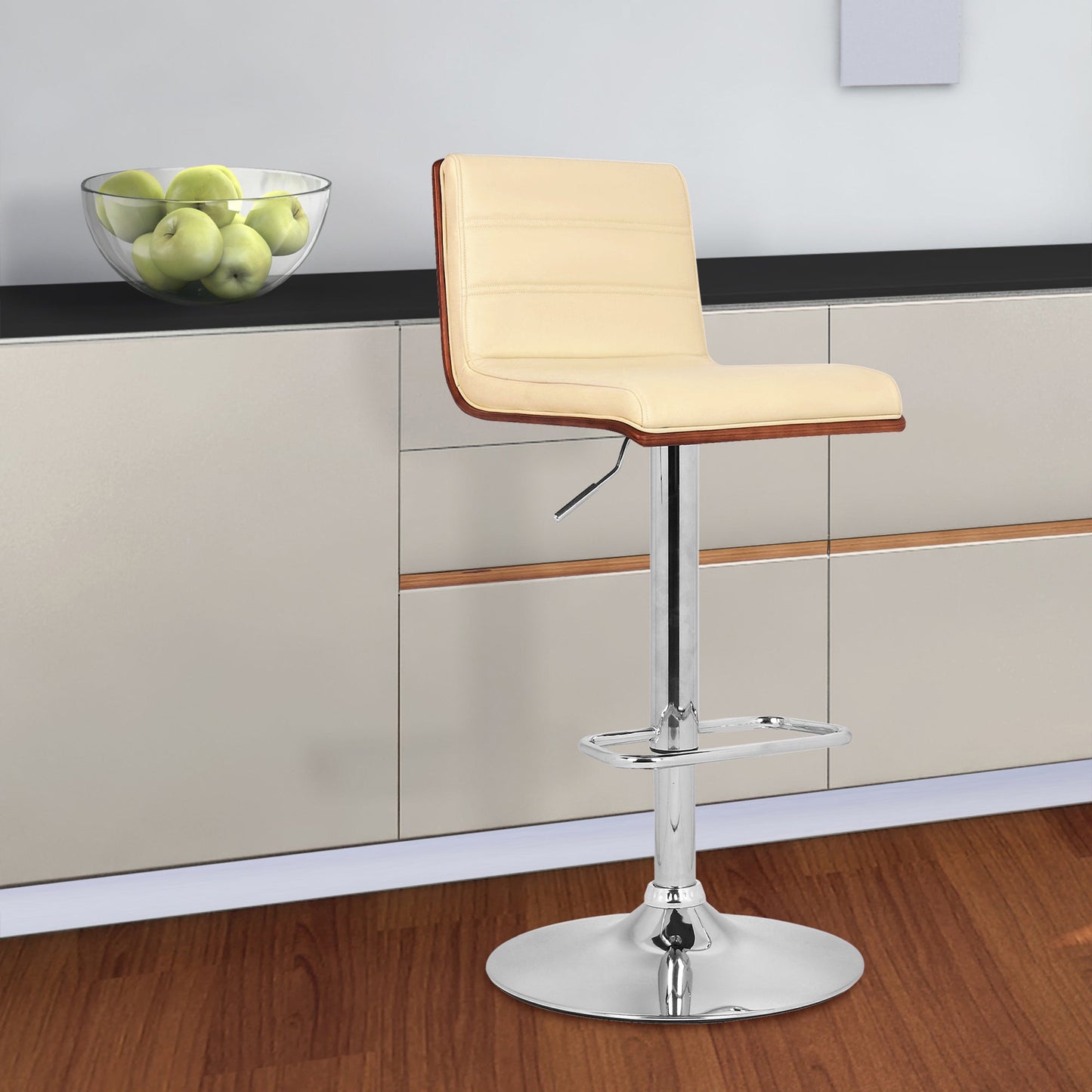 Aubrey Adjustable Height Swivel Cream Faux Leather and Chrome Bar Stool with Walnut Wood