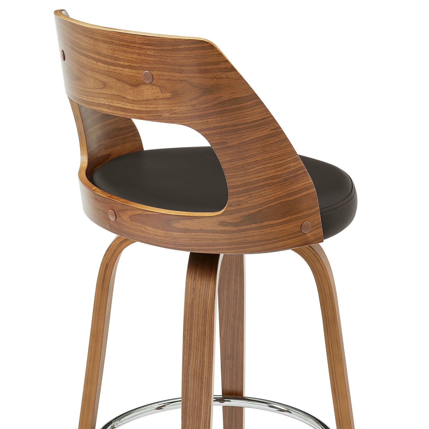 Axel 30" Swivel Bar Stool in Brown Faux Leather and Walnut Wood