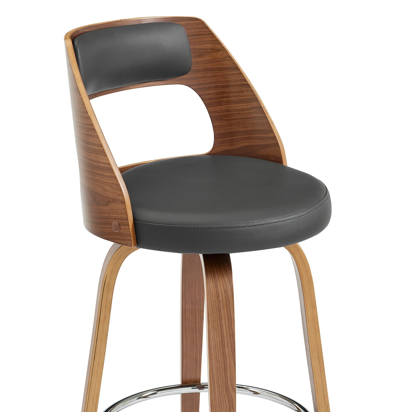 Axel 30" Swivel Bar Stool in Gray Faux Leather and Walnut Wood