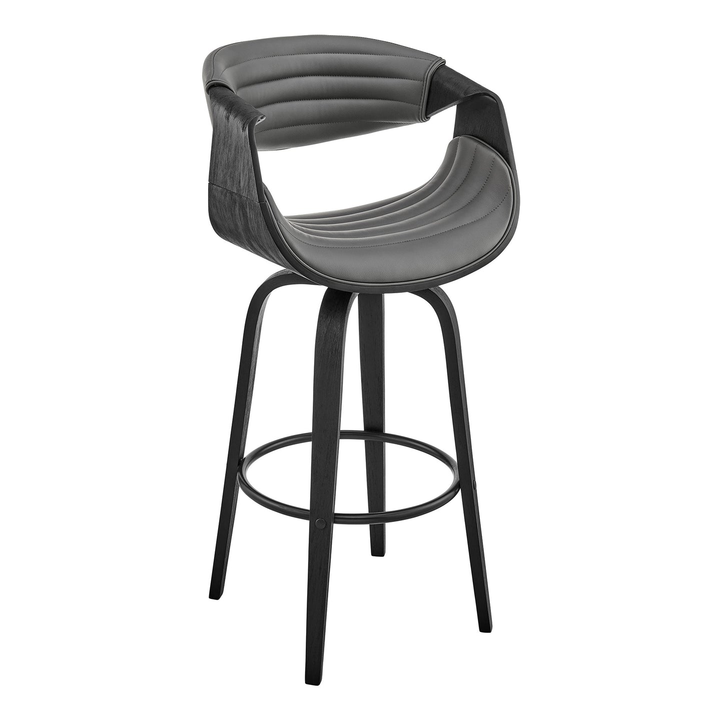 Arya 30" Swivel Bar Stool in Gray Faux Leather and Black Wood