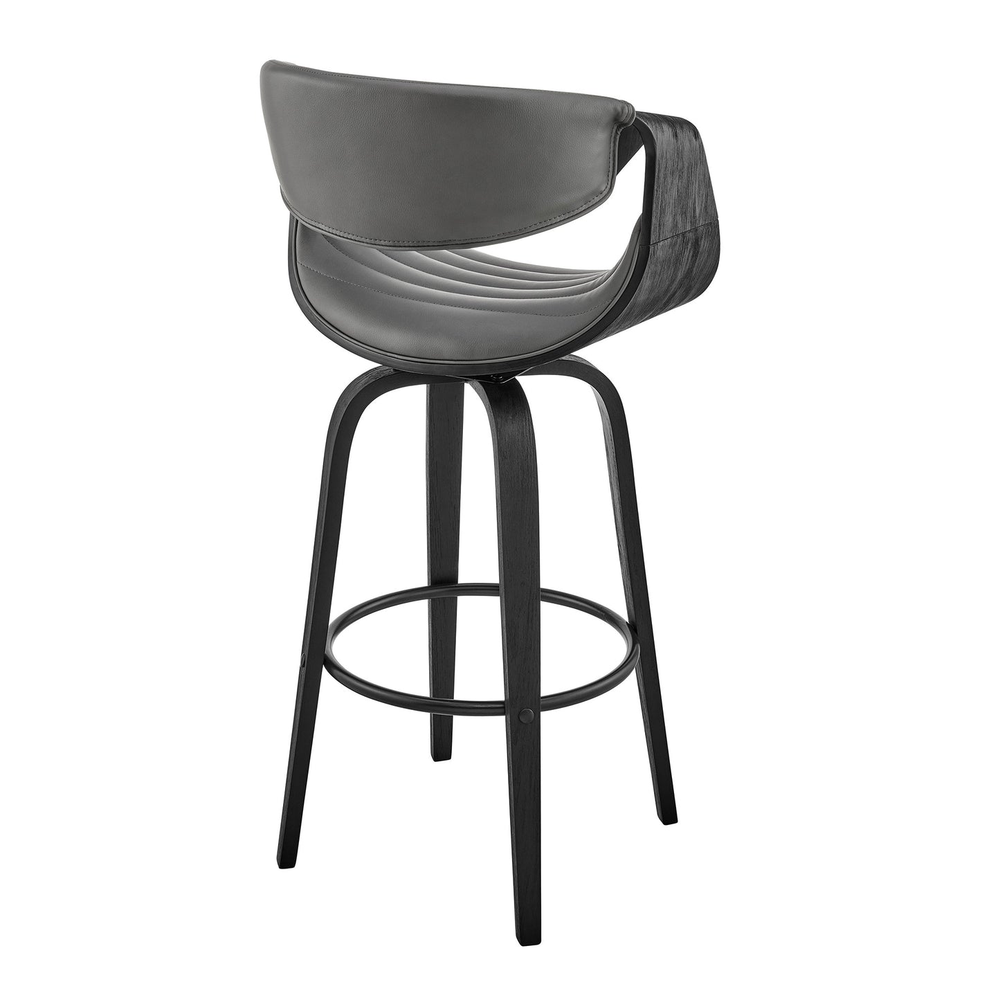 Arya 30" Swivel Bar Stool in Gray Faux Leather and Black Wood