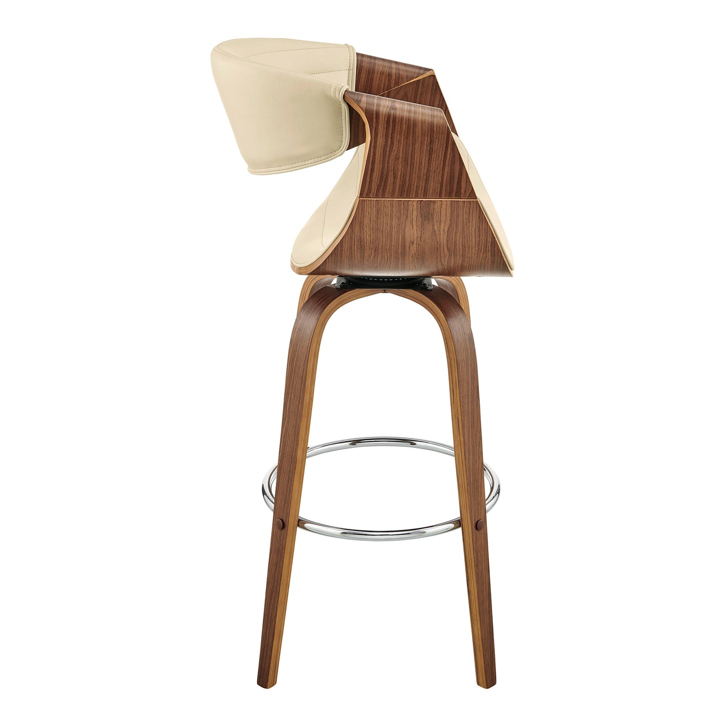 Arya 30" Swivel Bar Stool in Cream Faux Leather and Walnut Wood