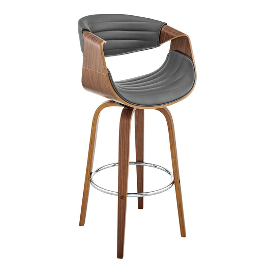 Arya 26" Swivel Counter Stool in Gray Faux Leather and Walnut Wood