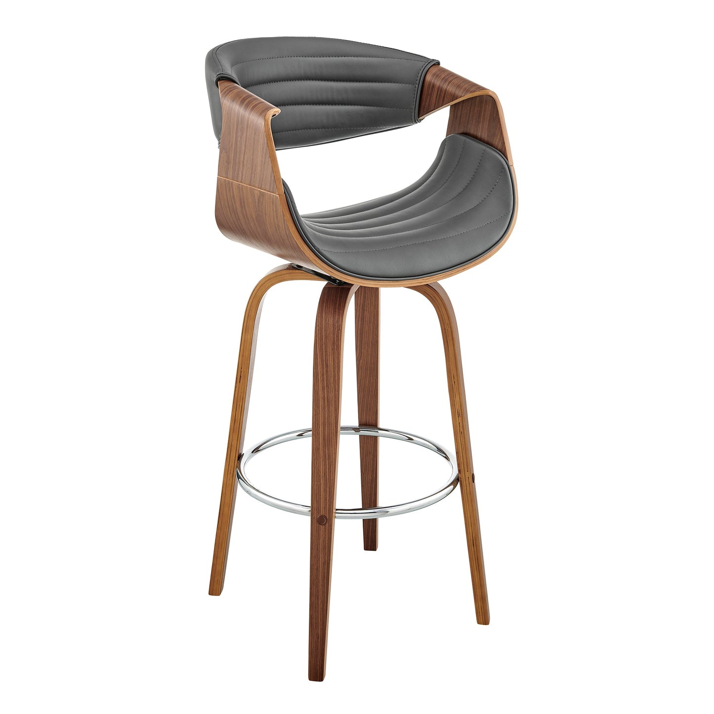 Arya 30" Swivel Bar Stool in Gray Faux Leather and Walnut Wood