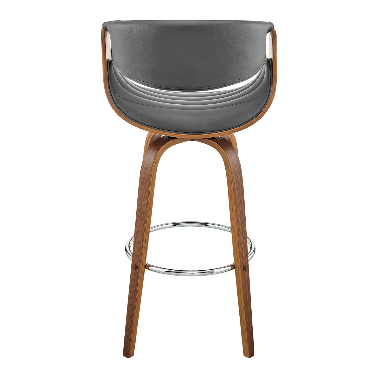 Arya 30" Swivel Bar Stool in Gray Faux Leather and Walnut Wood