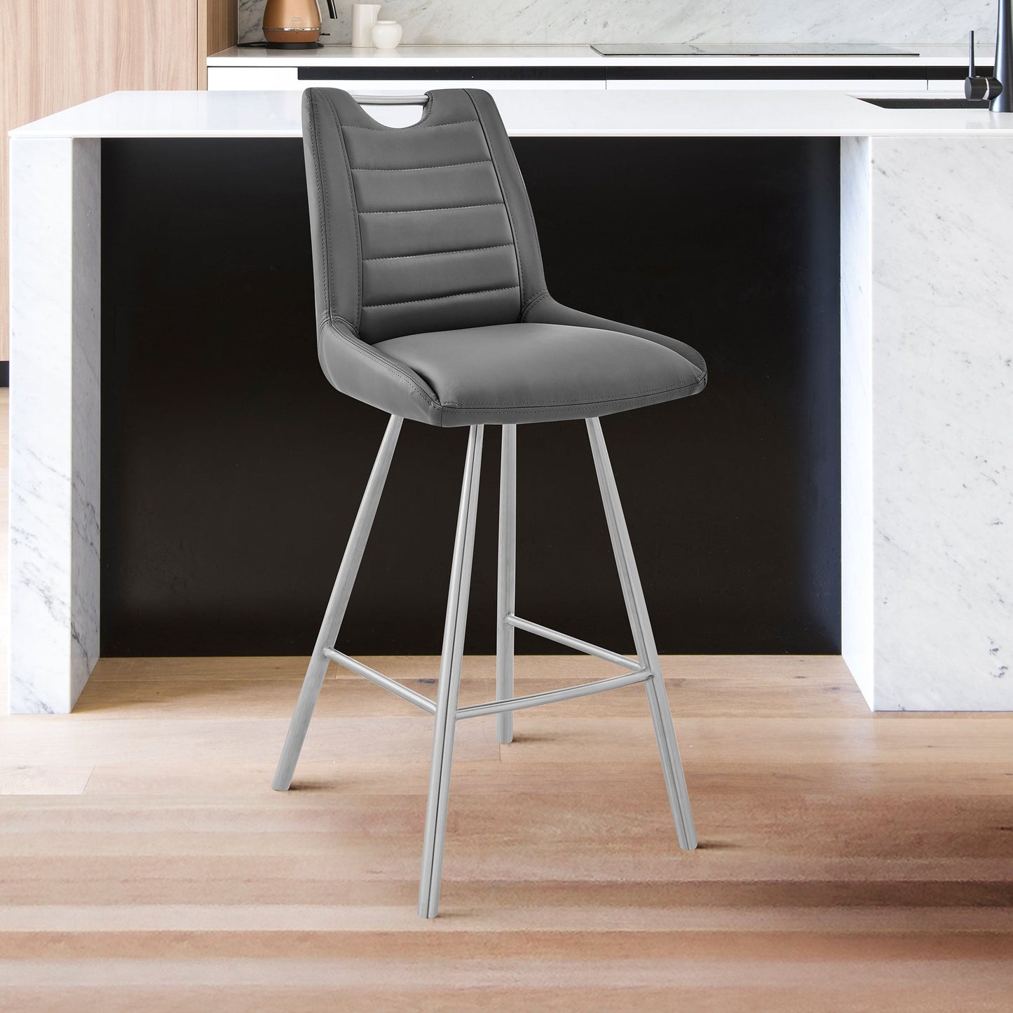 Arizona 30" Bar Height Bar Stool in Charcoal Faux Leather and Brushed Stainless Steel Finish