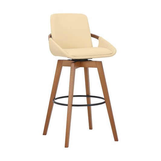 Baylor 30" Cream Faux Leather and Walnut Wood Swivel Bar Stool