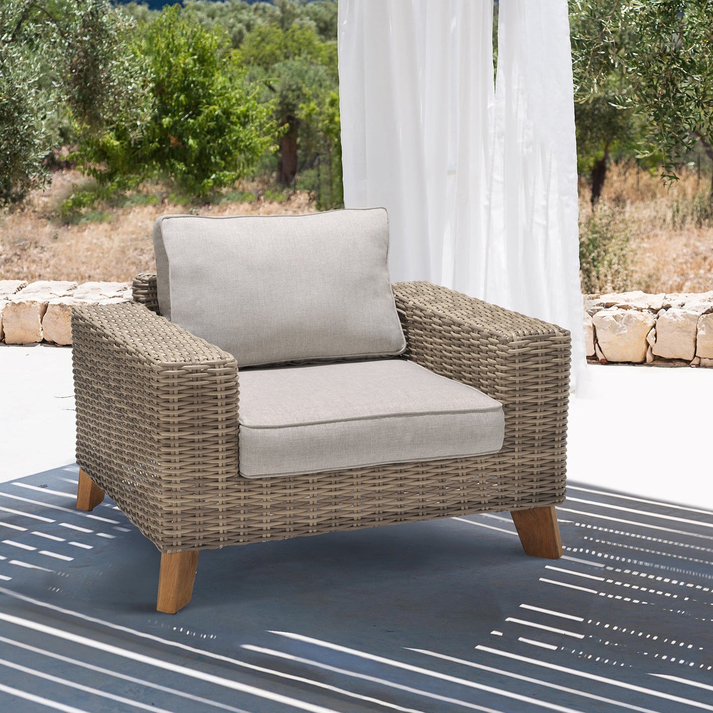 Bahamas Outdoor Wicker & Teak Wood Lounge Chair with Beige Olefin