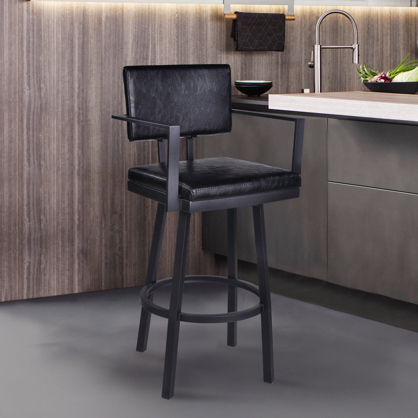 Balboa 26" Counter Height Swivel Vintage Black Faux Leather and Metal Bar Stool with Arms