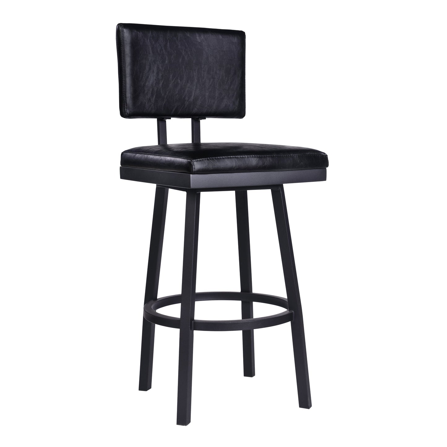 Balboa 30" Bar Height Swivel Vintage Black Faux Leather and Metal Bar Stool