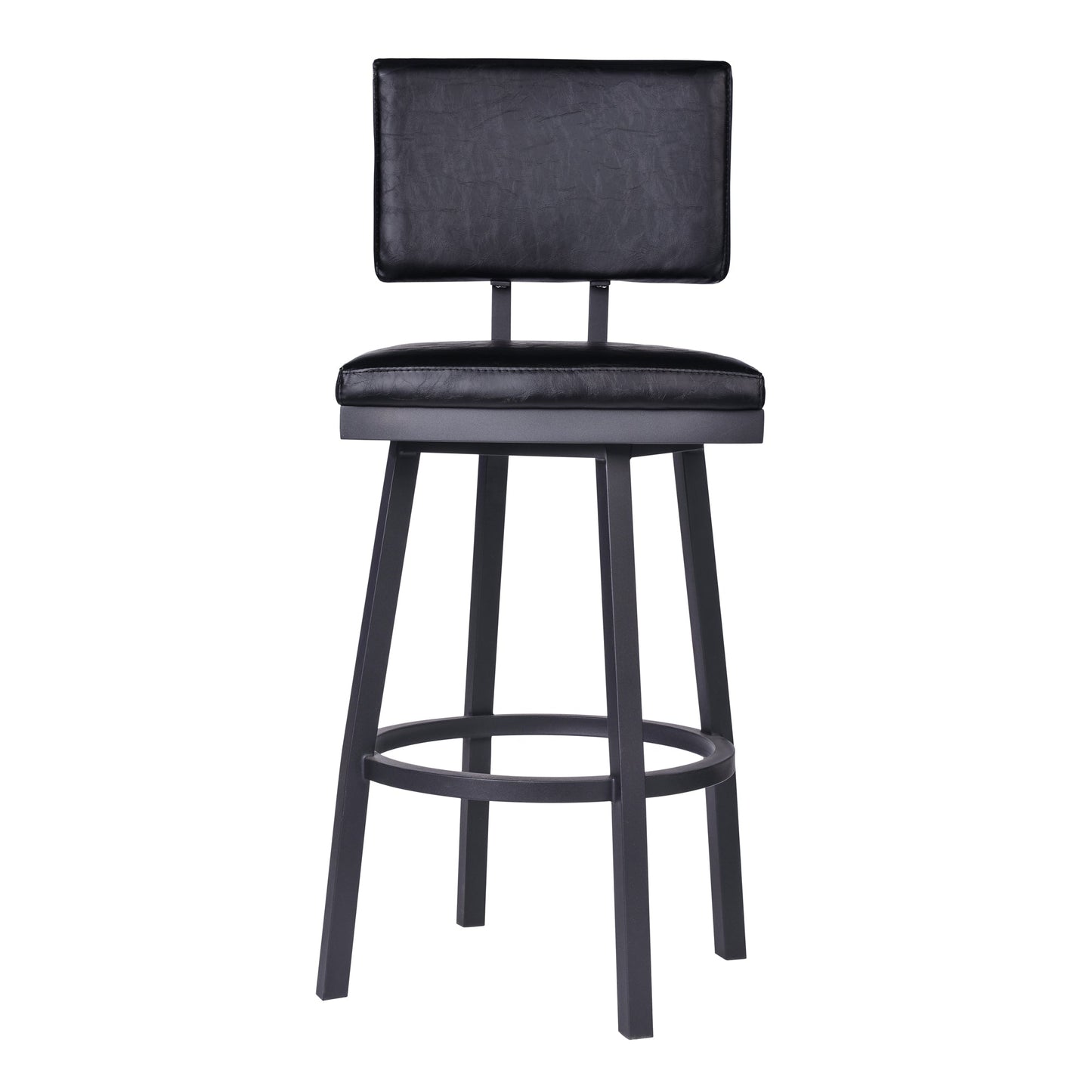 Balboa 30" Bar Height Swivel Vintage Black Faux Leather and Metal Bar Stool