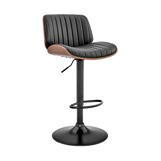 Brock Adjustable Black Faux Leather and Walnut Wood Bar Stool with Black Base