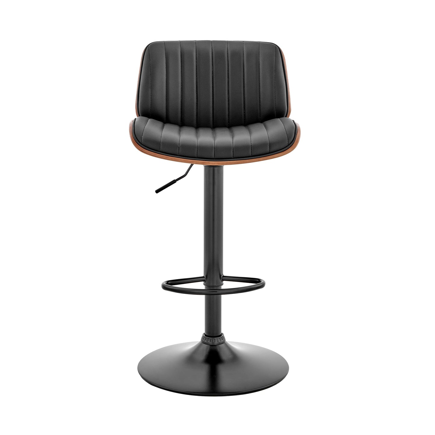 Brock Adjustable Black Faux Leather and Walnut Wood Bar Stool with Black Base