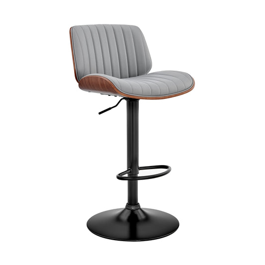 Brock Adjustable Gray Faux Leather and Walnut Wood with Black Finish Bar Stool