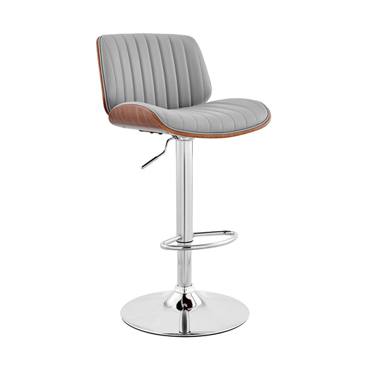 Brock Adjustable Gray Faux Leather and Walnut Wood with Chrome Finish Bar Stool