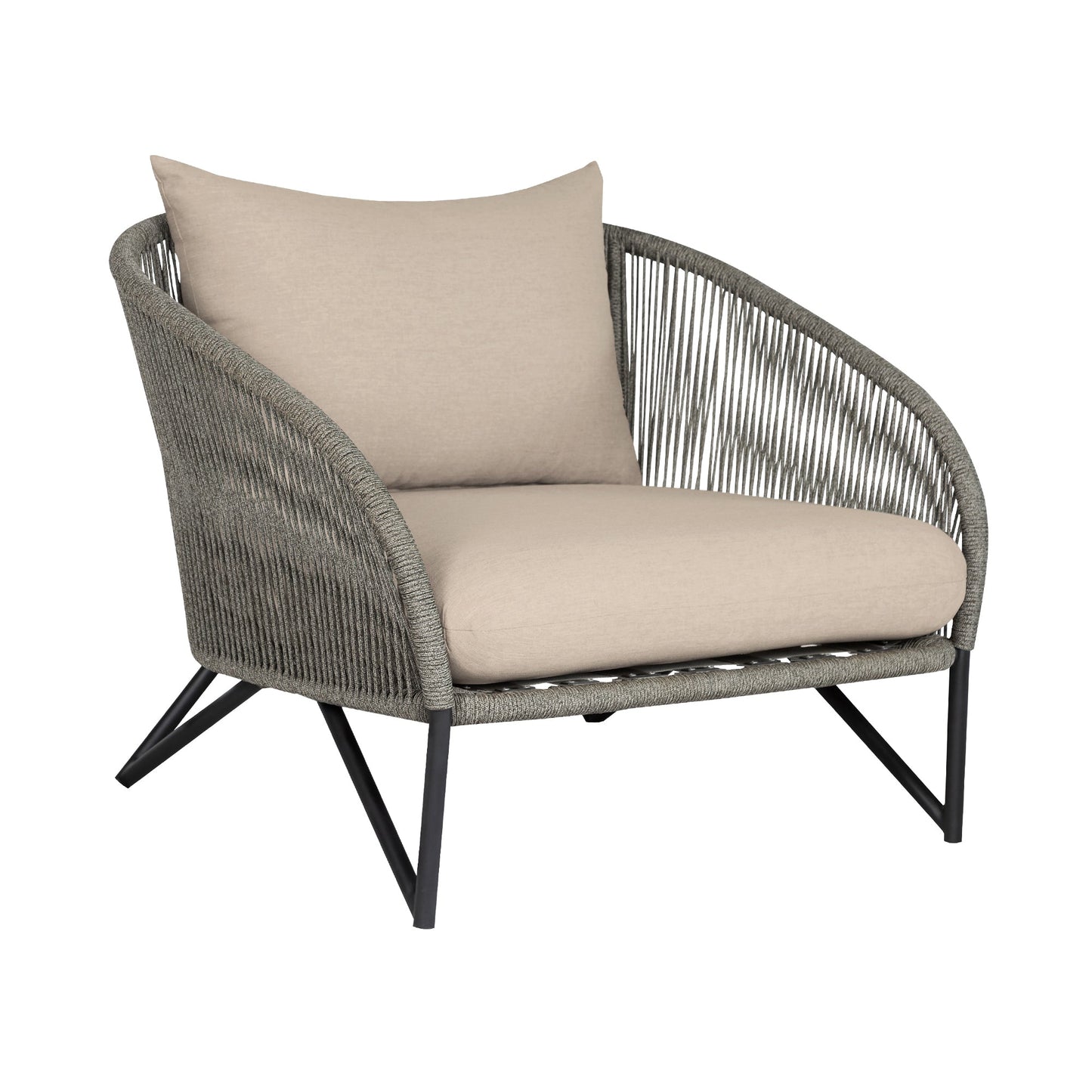 Benicia Outdoor Patio Chair in Black Steel with Gray Rope and Taupe Olefin Cushions