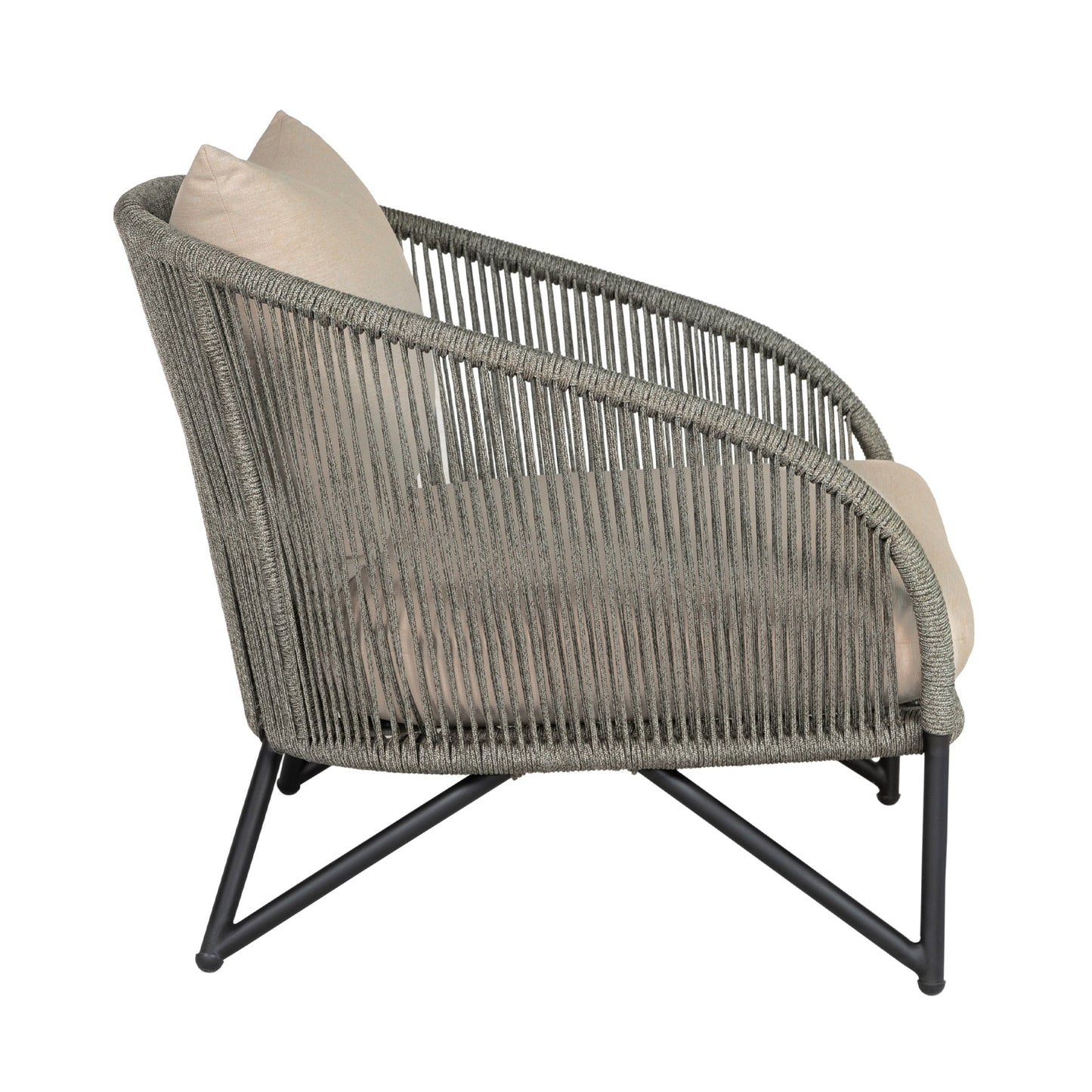 Benicia Outdoor Patio Chair in Black Steel with Gray Rope and Taupe Olefin Cushions