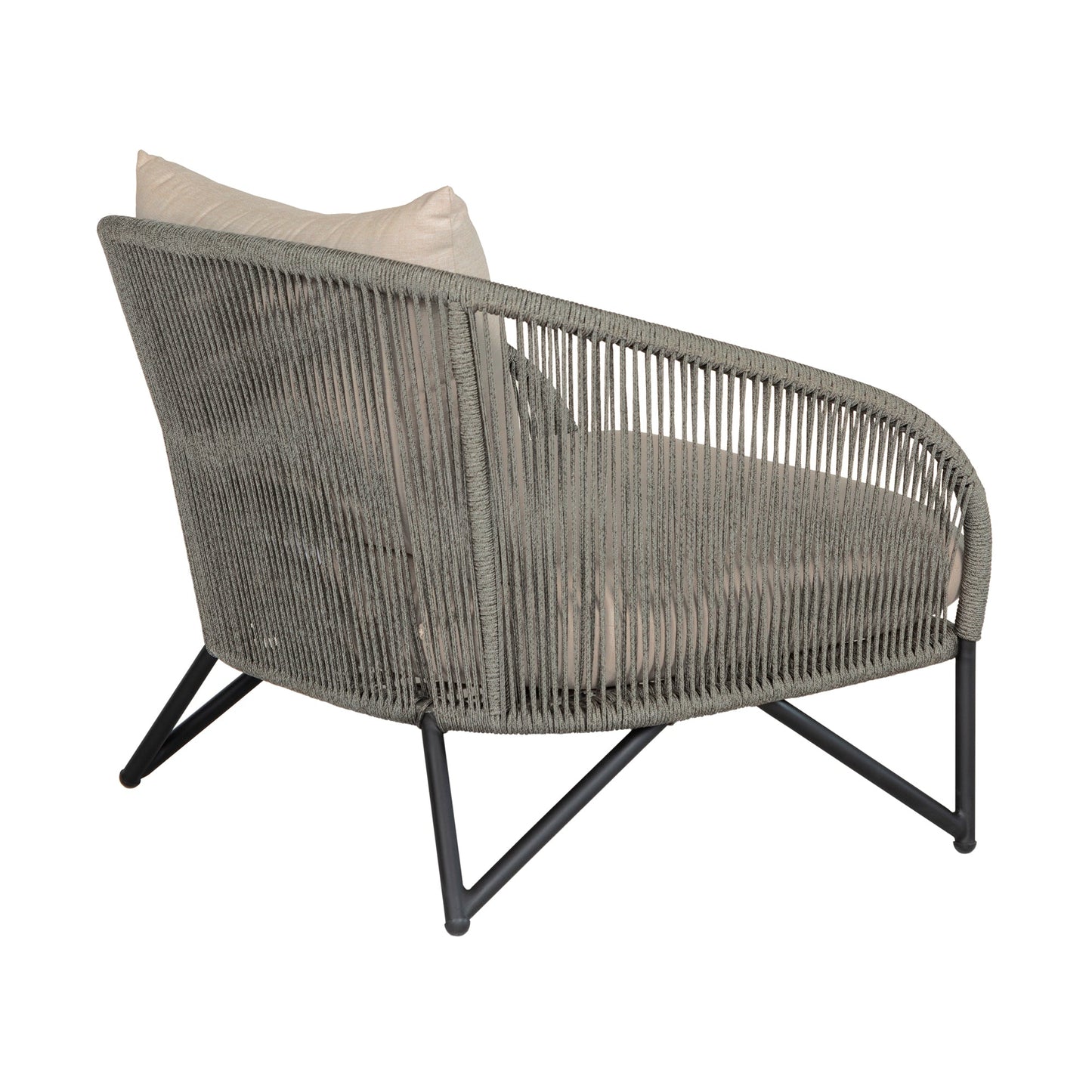 Benicia Outdoor Patio Chair in Black Steel with Gray Rope and Taupe Olefin Cushions