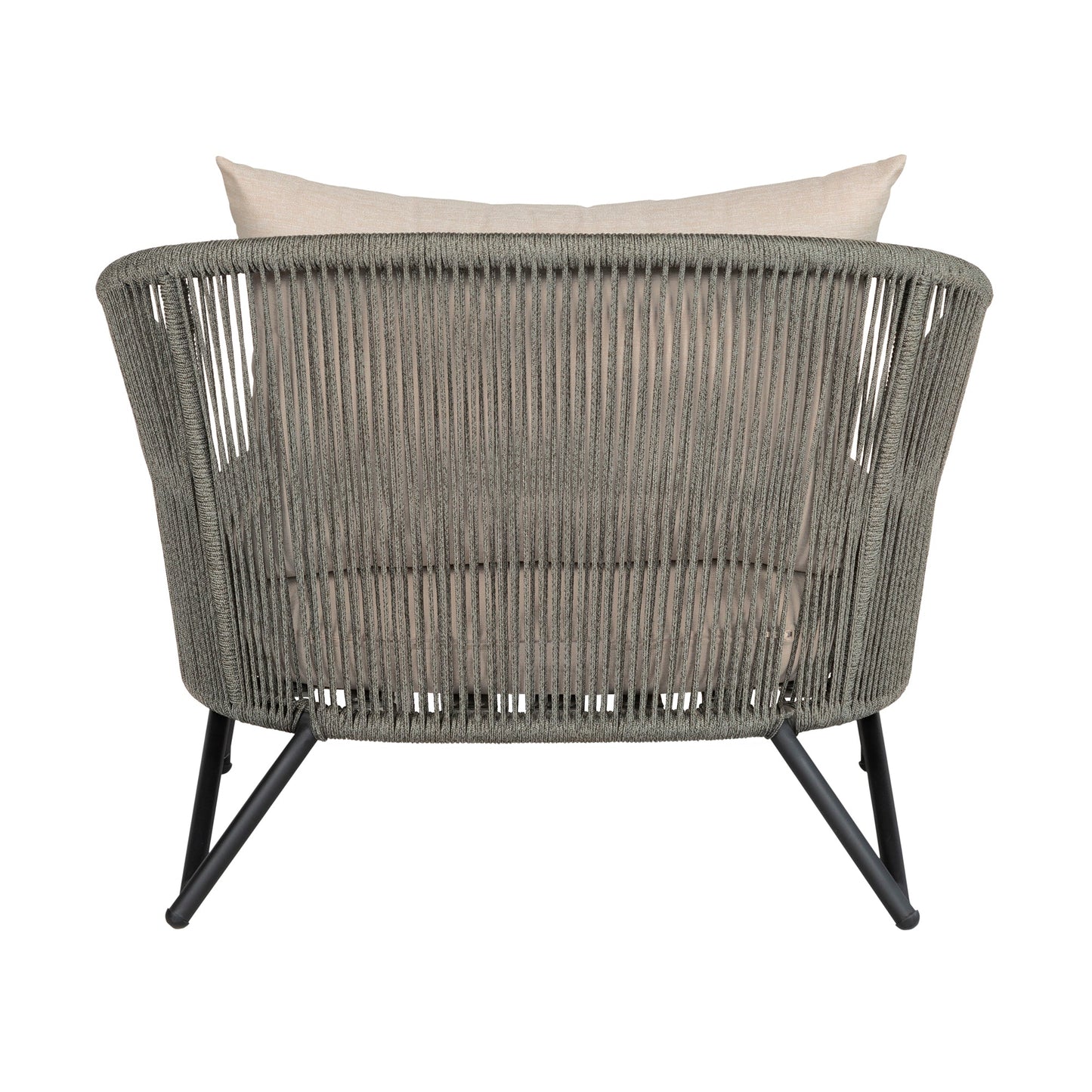 Benicia Outdoor Patio Chair in Black Steel with Gray Rope and Taupe Olefin Cushions