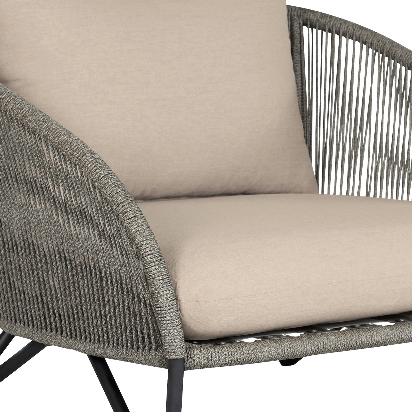 Benicia Outdoor Patio Chair in Black Steel with Gray Rope and Taupe Olefin Cushions