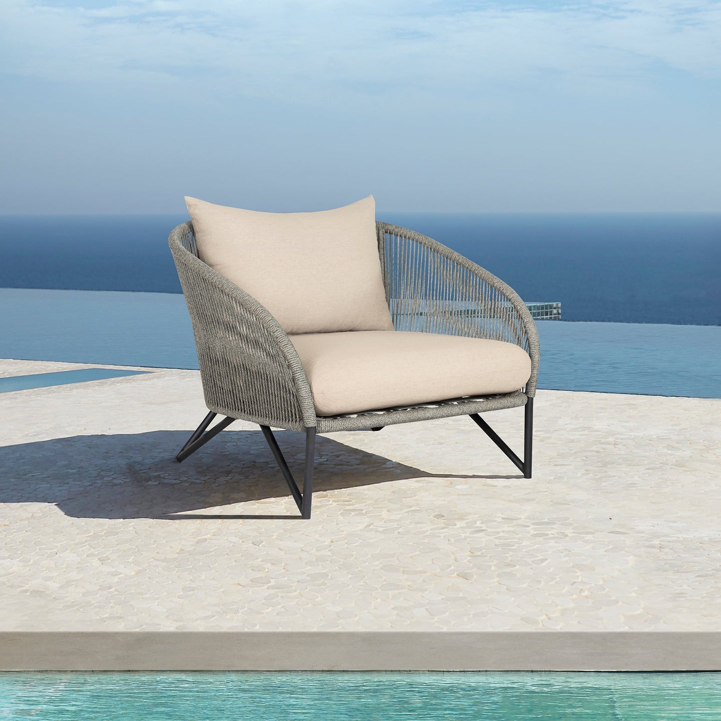 Benicia Outdoor Patio Chair in Black Steel with Gray Rope and Taupe Olefin Cushions