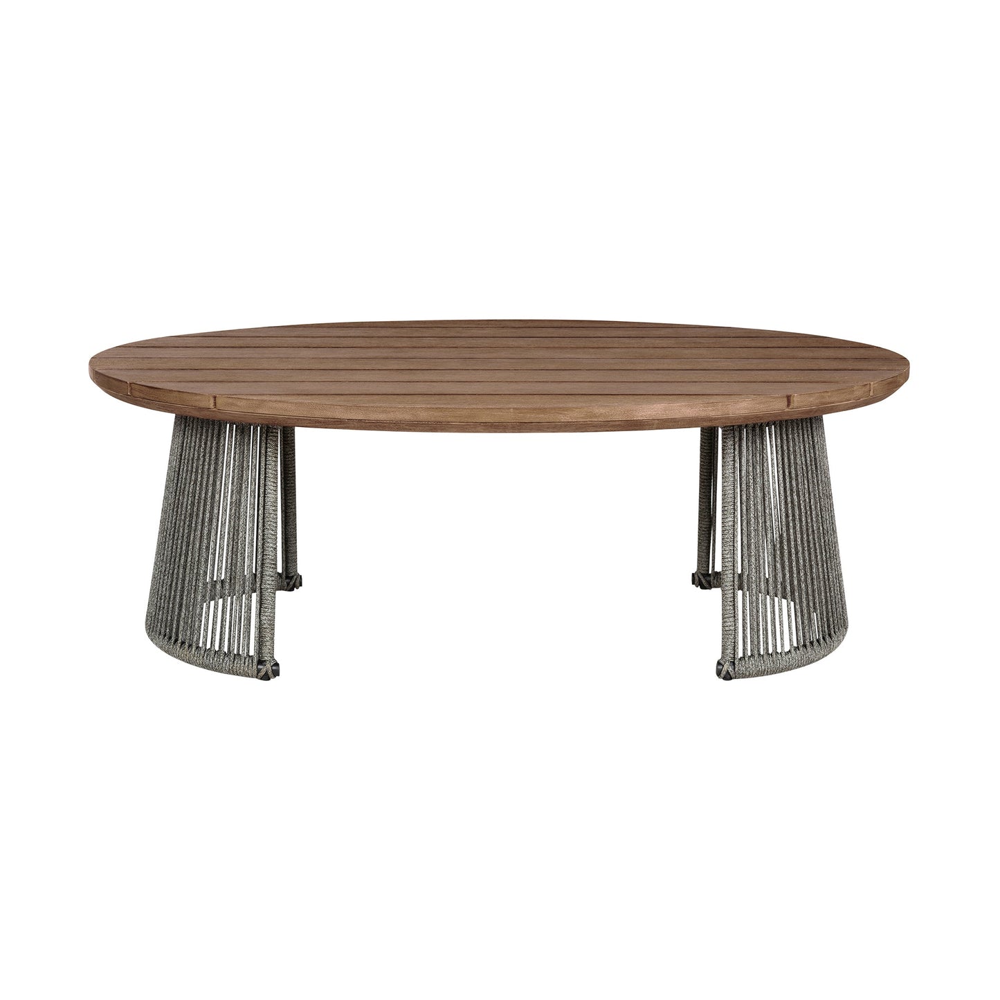 Benicia Outdoor Patio Oval Coffee Table in Weathered Eucalyptus Wood and Gray Rope