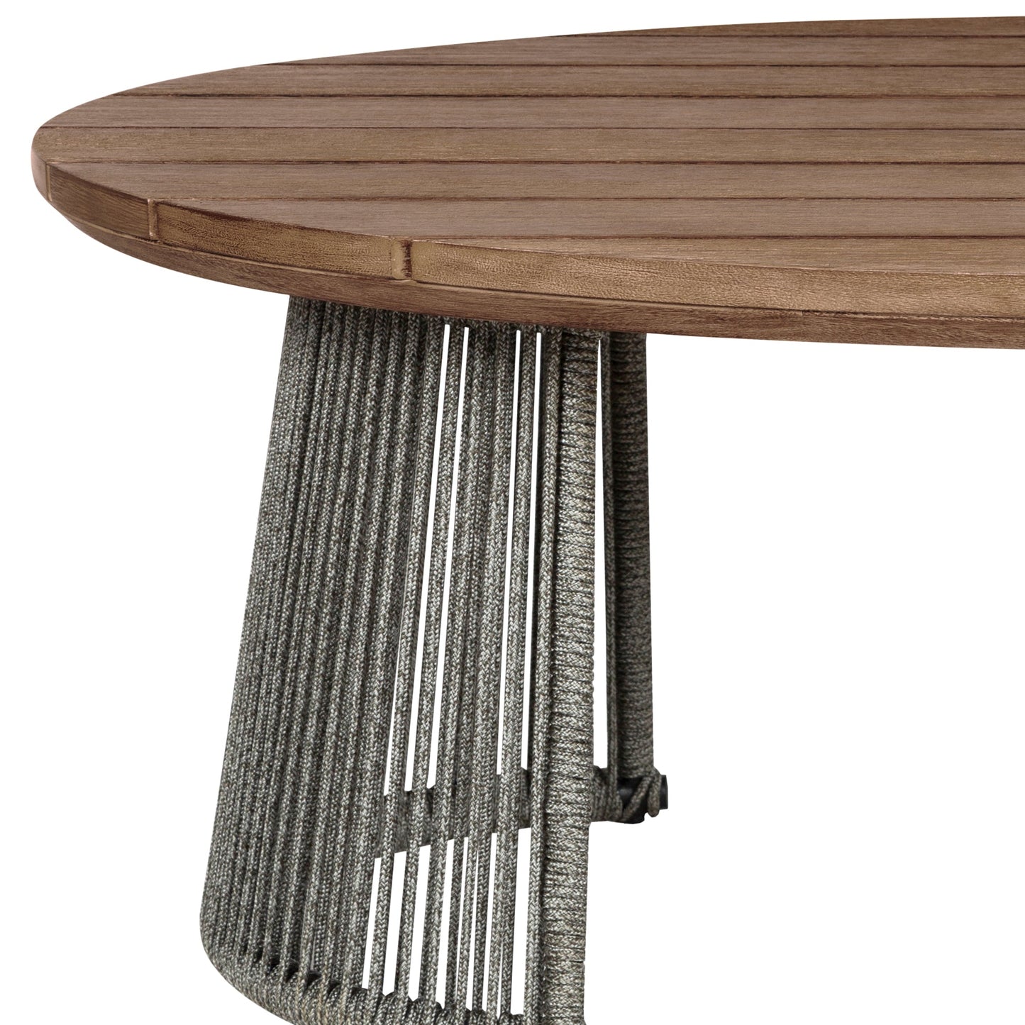 Benicia Outdoor Patio Oval Coffee Table in Weathered Eucalyptus Wood and Gray Rope