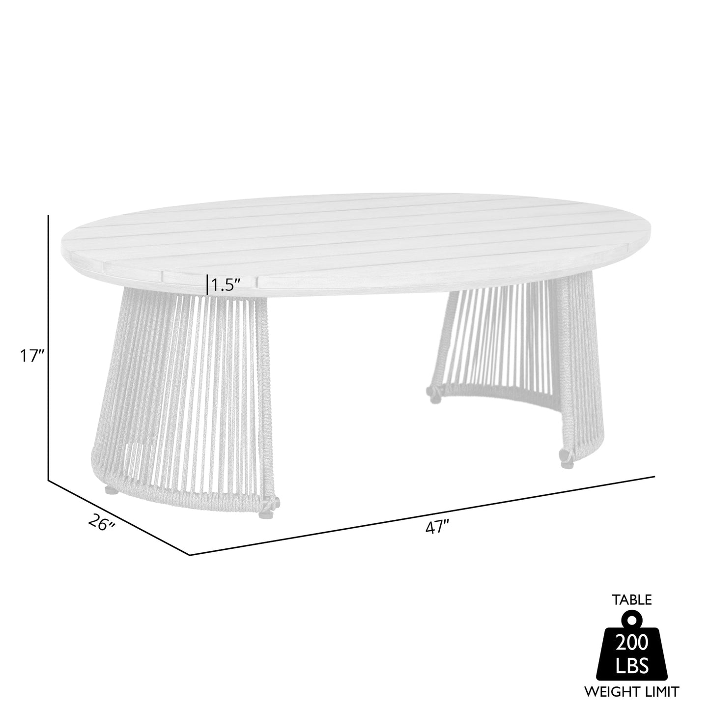 Benicia Outdoor Patio Oval Coffee Table in Weathered Eucalyptus Wood and Gray Rope