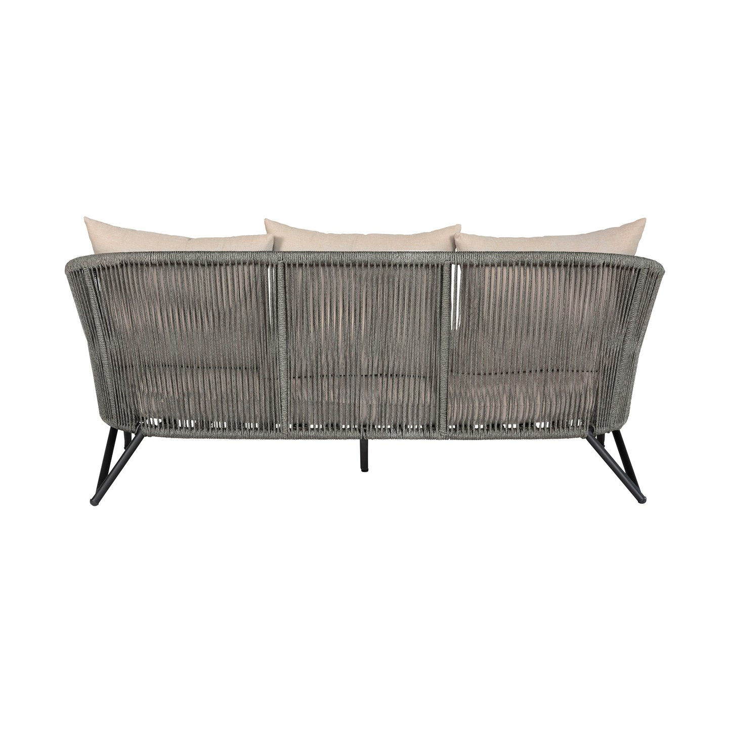 Benicia Outdoor Patio Sofa in Black Steel with Gray Rope and Taupe Olefin Cushions