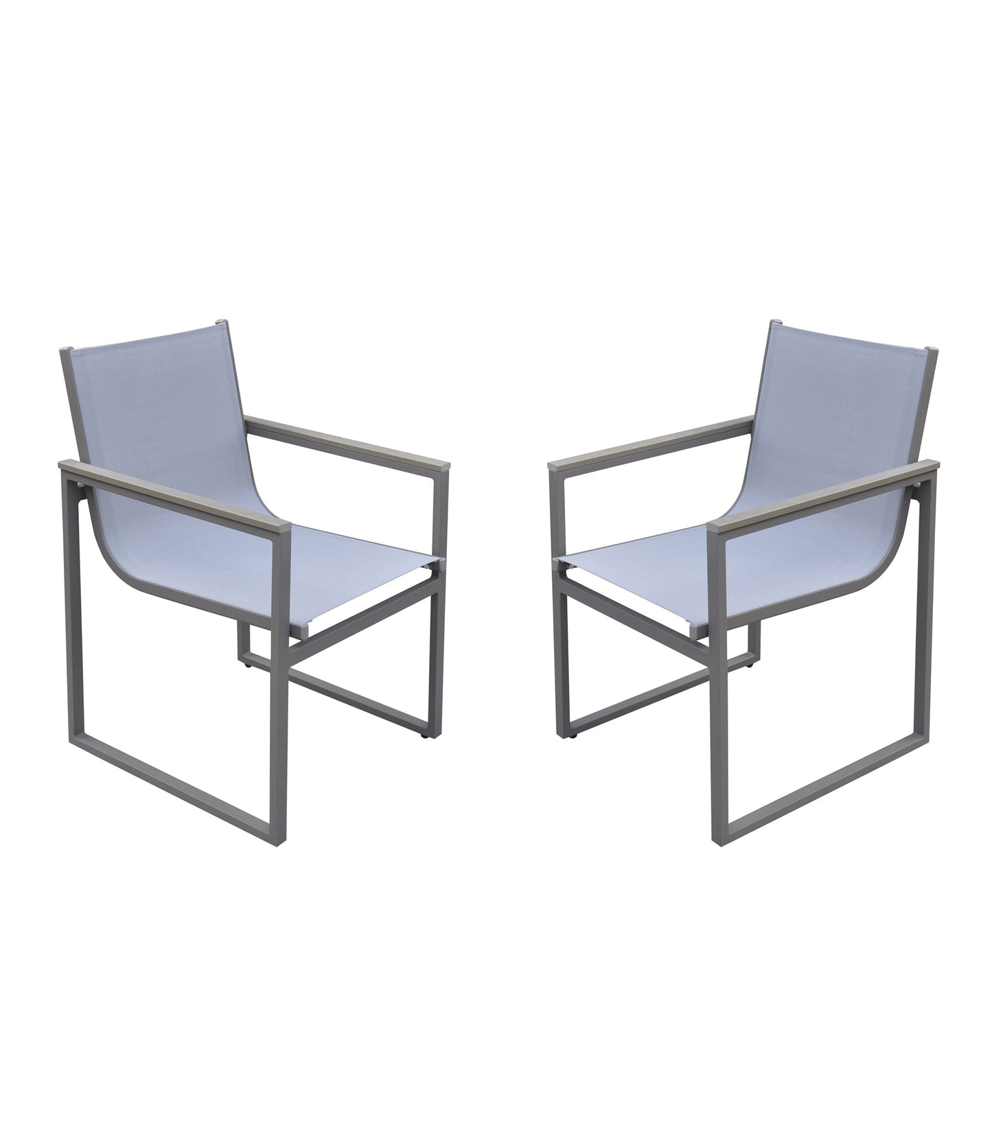 Bistro Outdoor Patio Dining Chair in Gray Powder Coated Finish with Gray Sling Textilene and Gray Wood Accent Arms - Set of 2