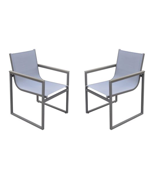 Bistro Outdoor Patio Dining Chair in Gray Powder Coated Finish with Gray Sling Textilene and Gray Wood Accent Arms - Set of 2