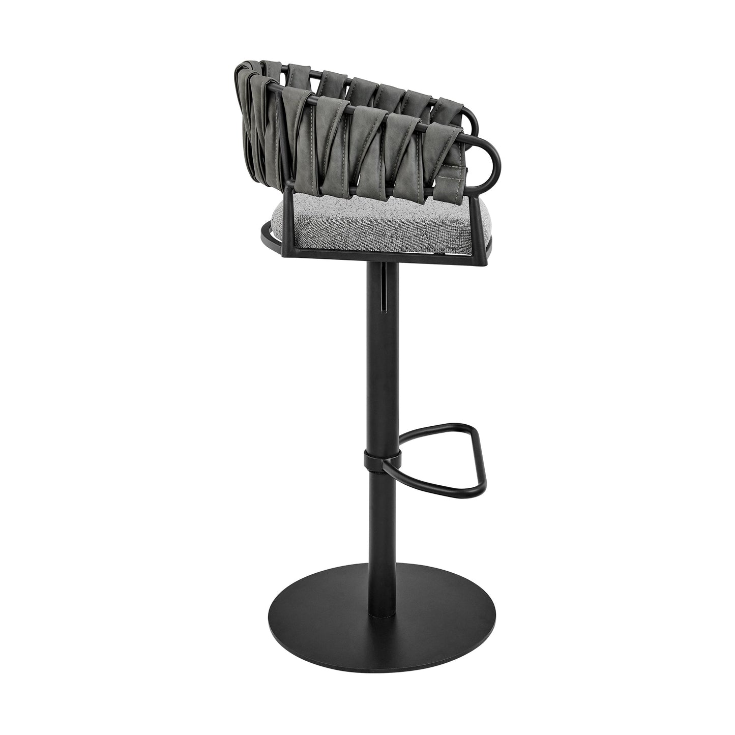 Blaise Adjustable Swivel Counter or Bar Stool in Black Metal with Gray Fabric and Faux Leather