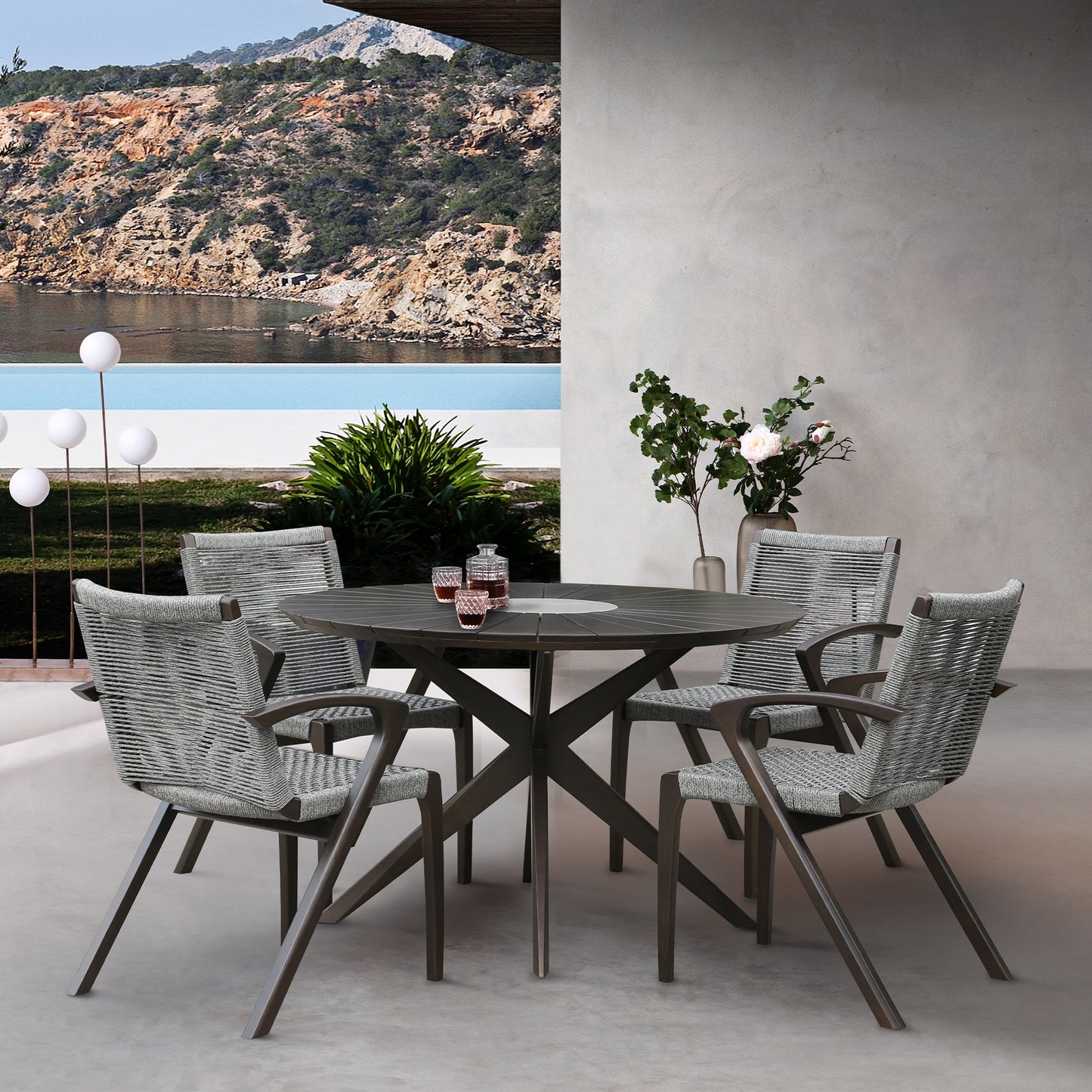 Brielle Outdoor Dark Eucalyptus Wood and Gray Rope Dining Chairs - Set of 2