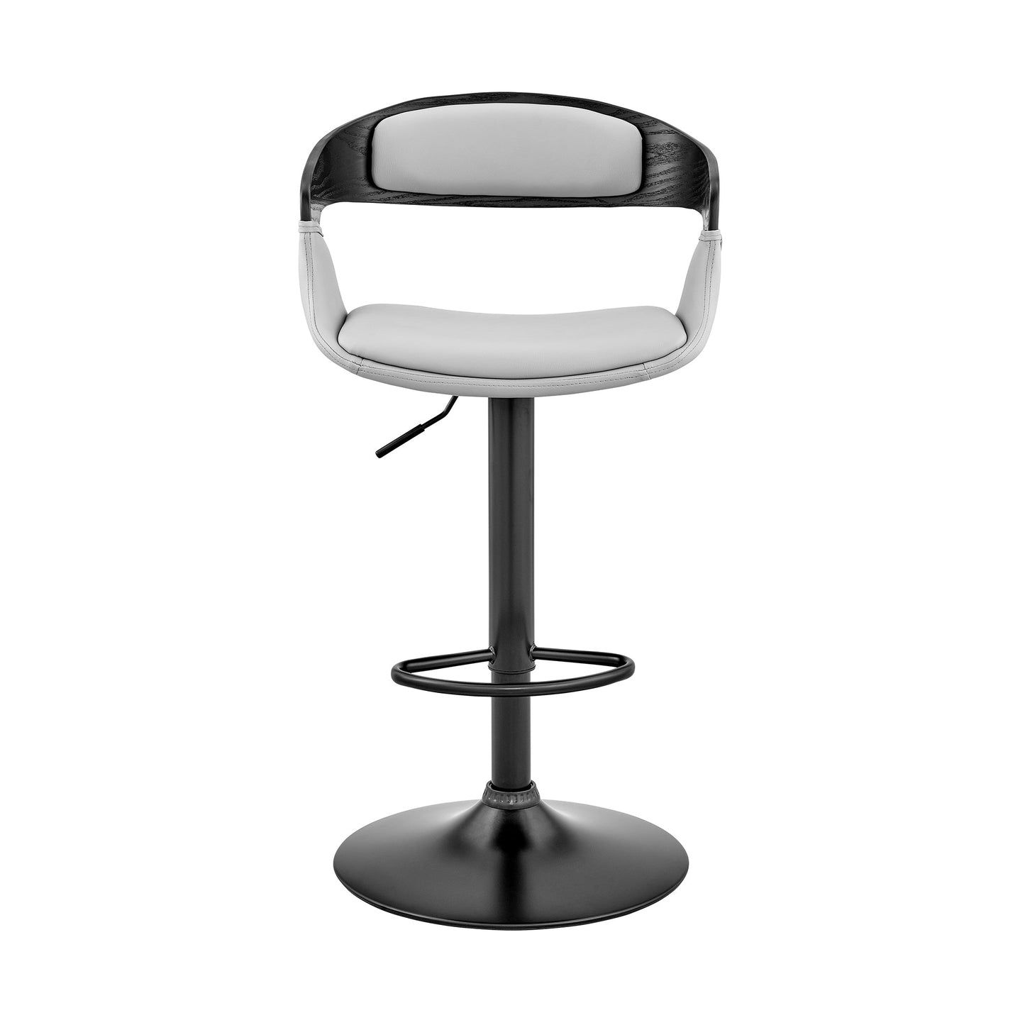 Benson Adjustable Gray Faux Leather and Black Wood Bar Stool with Black Base