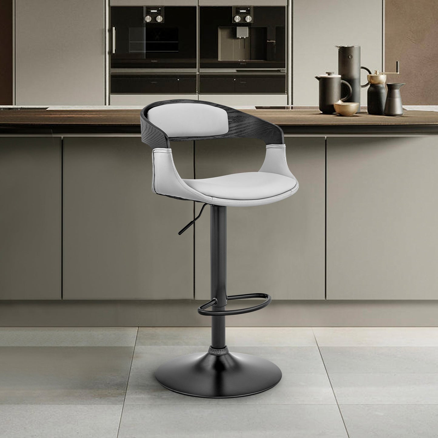 Benson Adjustable Gray Faux Leather and Black Wood Bar Stool with Black Base