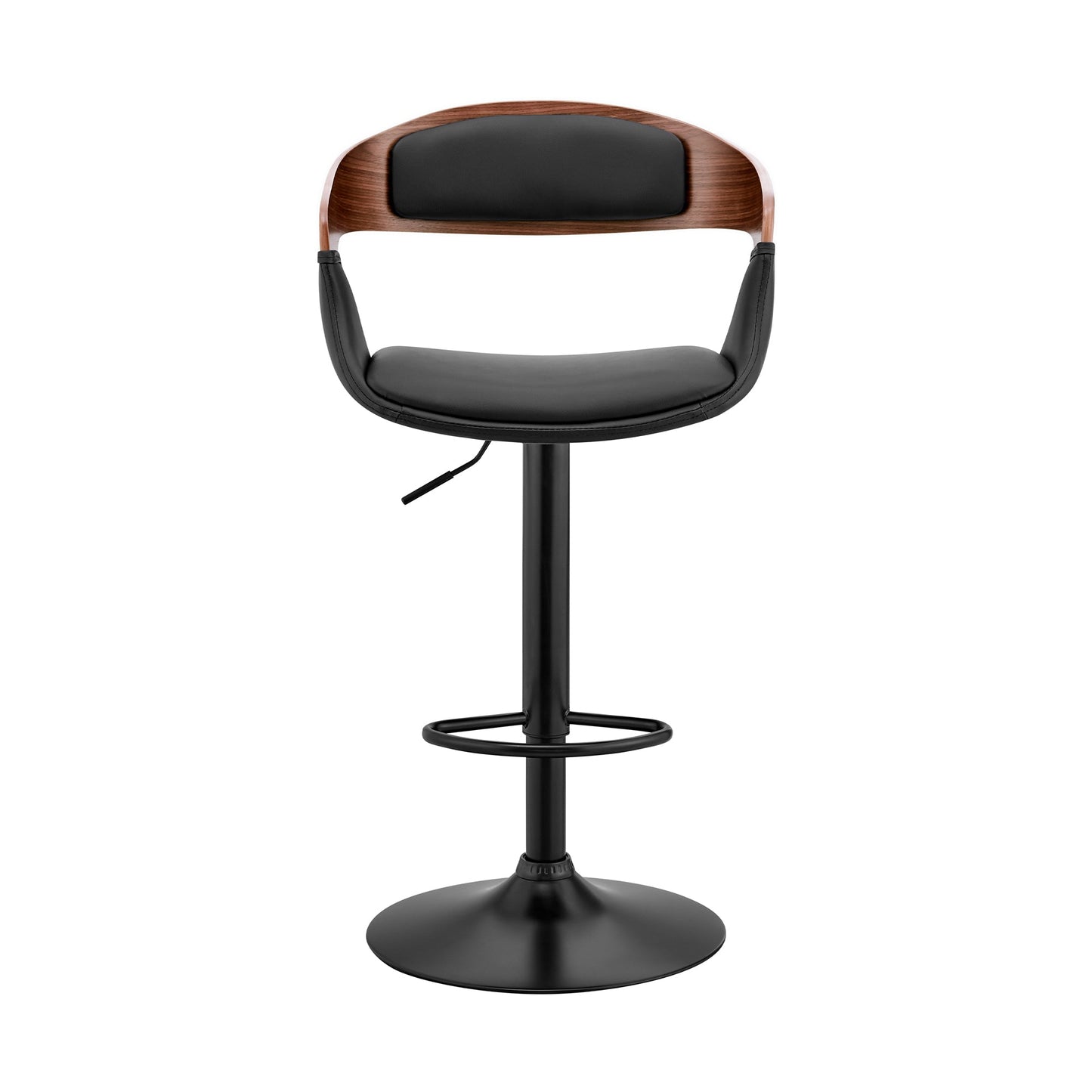 Benson Adjustable Black Faux Leather and Walnut Wood Bar Stool with Black Base