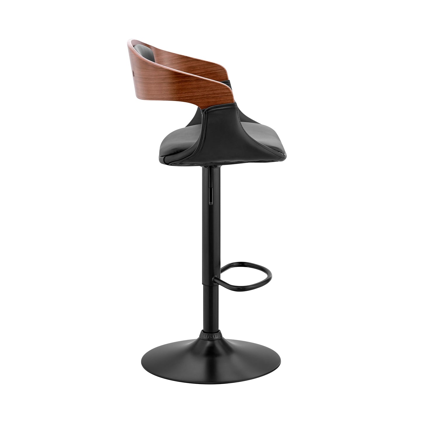 Benson Adjustable Black Faux Leather and Walnut Wood Bar Stool with Black Base