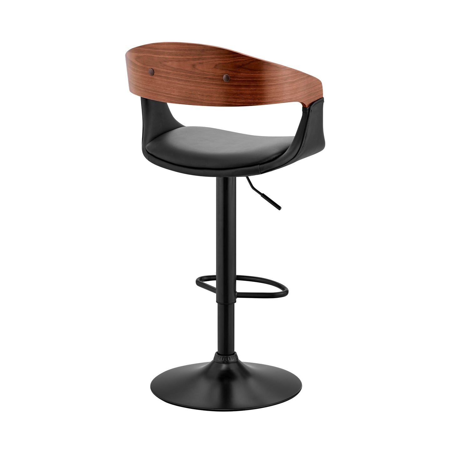 Benson Adjustable Black Faux Leather and Walnut Wood Bar Stool with Black Base