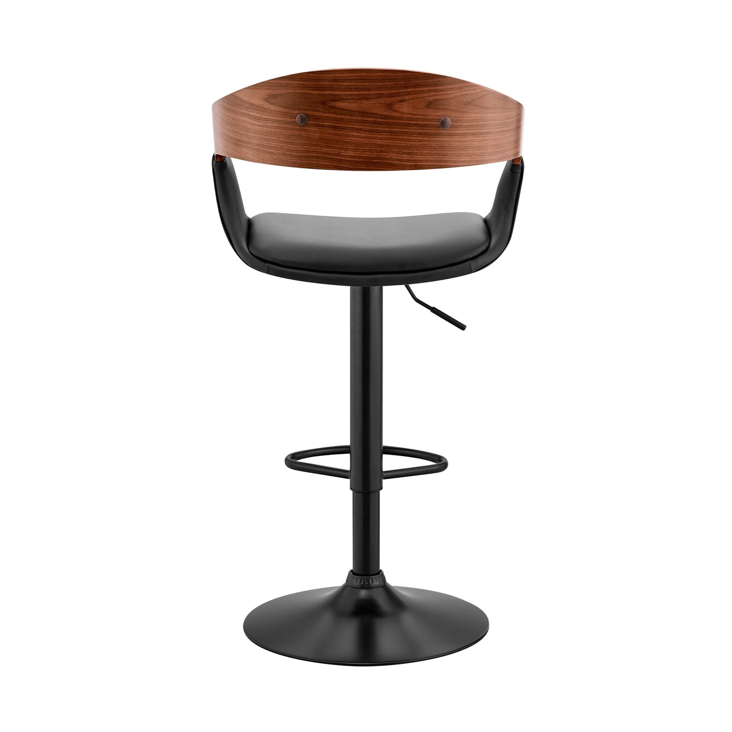 Benson Adjustable Black Faux Leather and Walnut Wood Bar Stool with Black Base