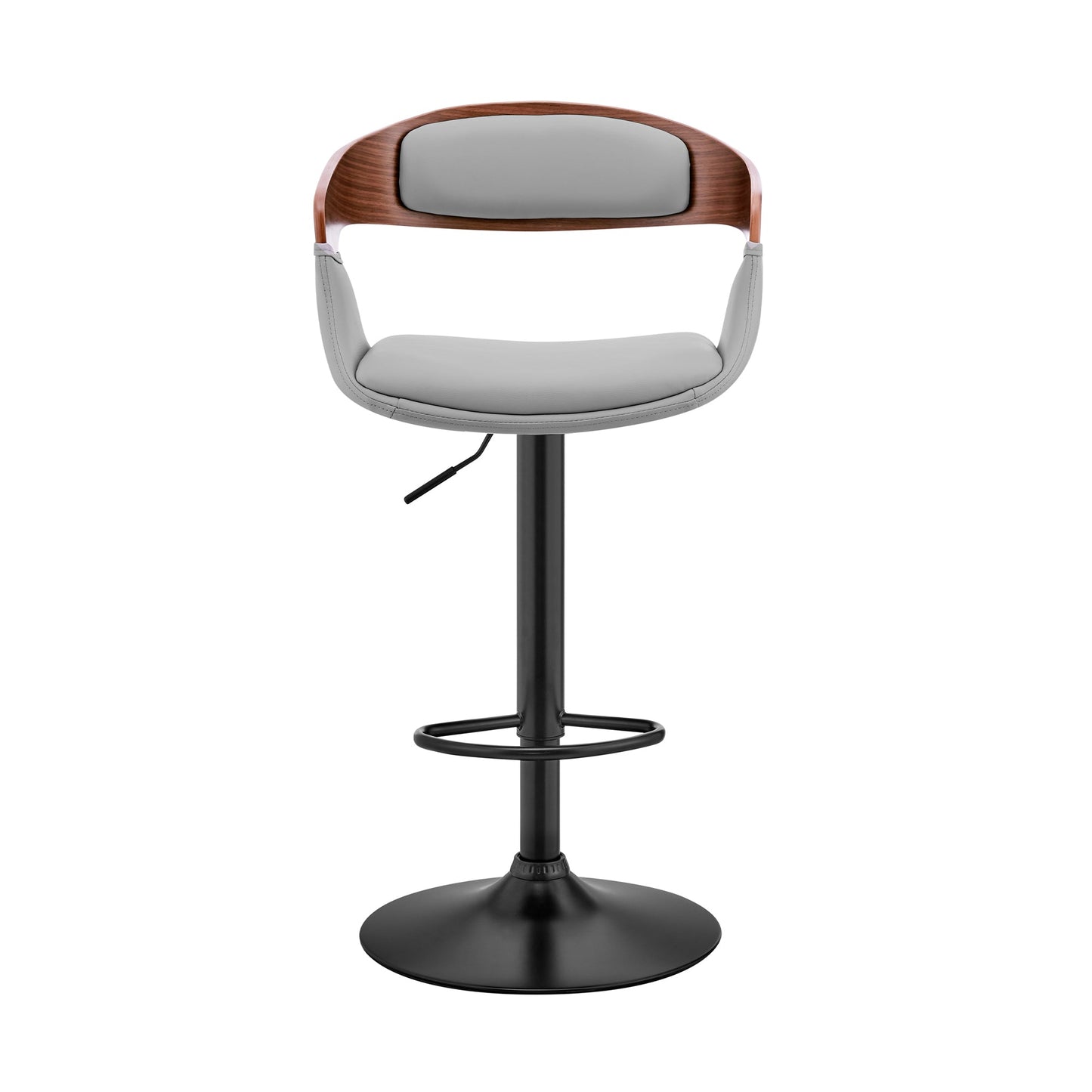 Benson Adjustable Gray Faux Leather and Walnut Wood Bar Stool with Black Base