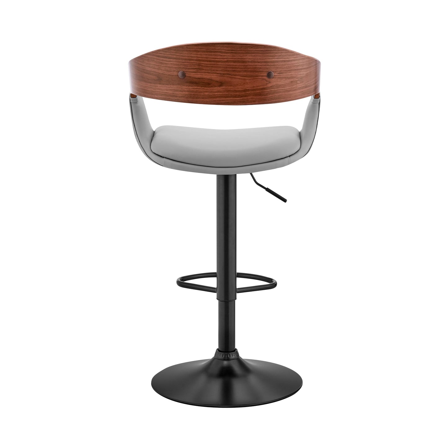 Benson Adjustable Gray Faux Leather and Walnut Wood Bar Stool with Black Base