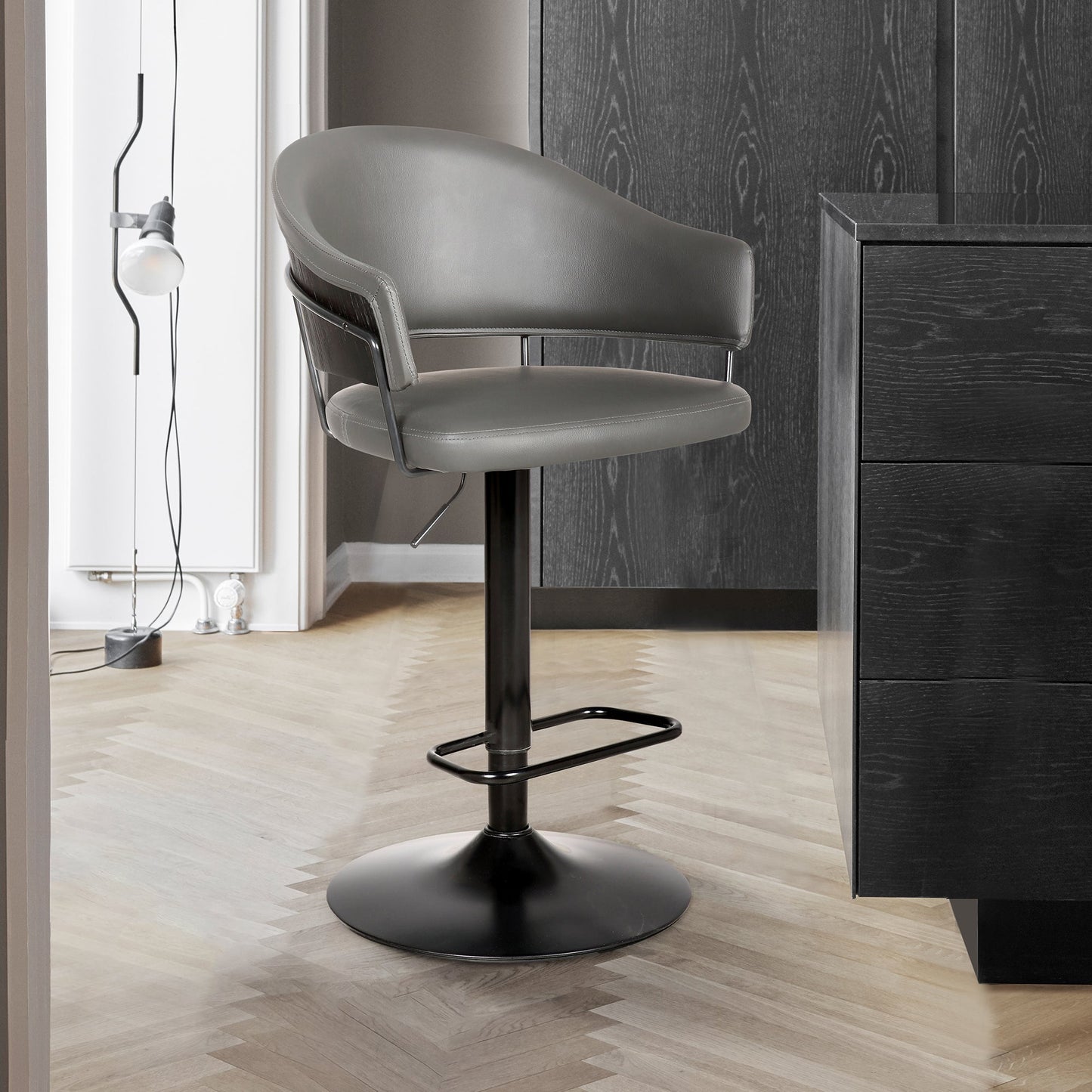 Brody Adjustable Height Swivel Gray Faux Leather and Black Wood and Metal Base Bar Stool