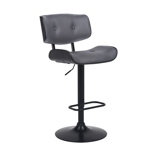 Brooklyn Adjustable Swivel Gray Faux Leather and Black Wood Bar Stool with Black Base