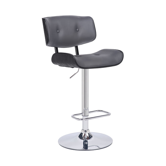 Brooklyn Adjustable Swivel Gray Faux Leather and Black Wood Bar Stool with Chrome Base