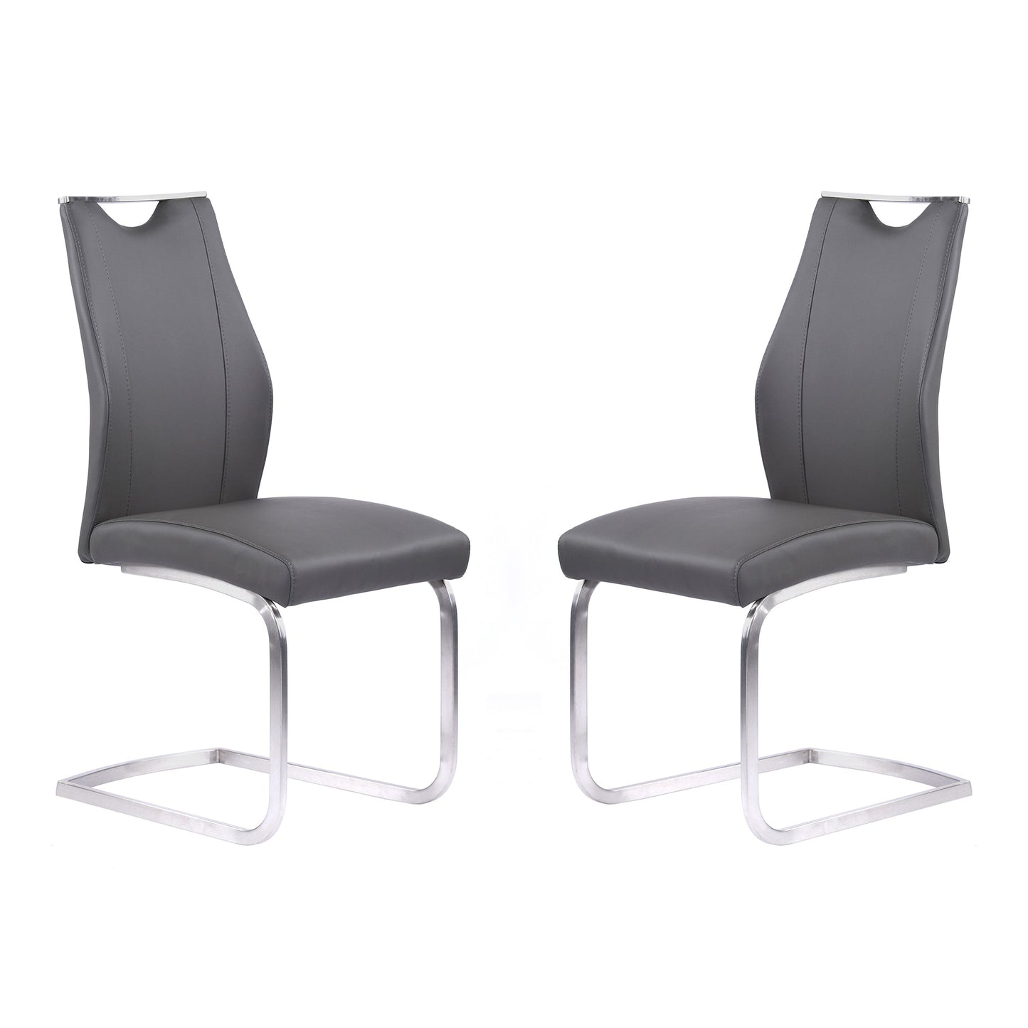 Bravo Contemporary Dining Chair in Gray Faux Leather and Brushed Stainless Steel Finish - Set of 2