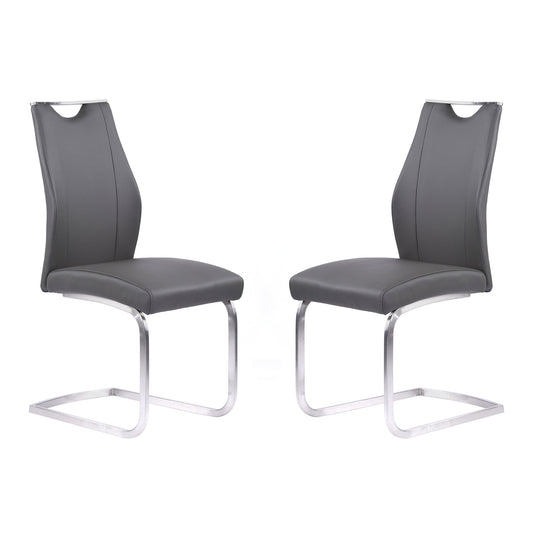 Bravo Contemporary Dining Chair in Gray Faux Leather and Brushed Stainless Steel Finish - Set of 2