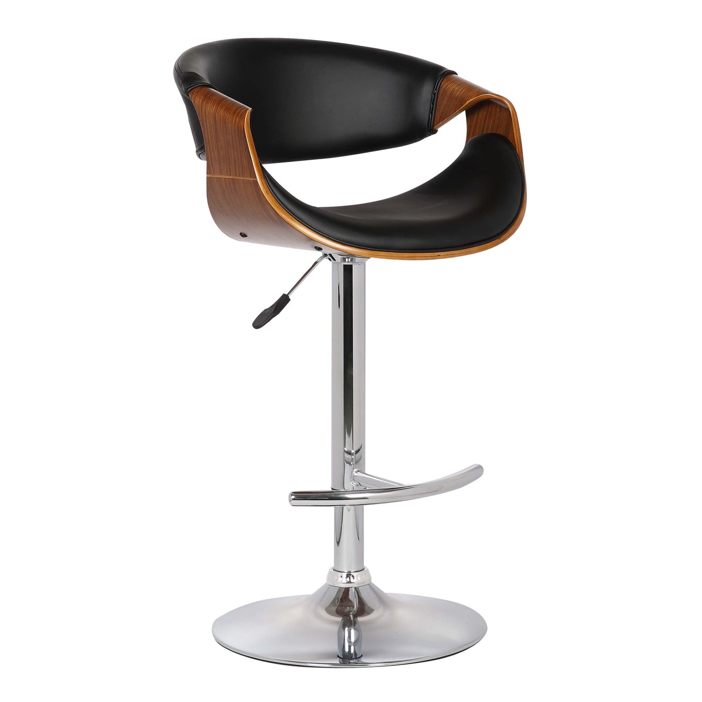 Butterfly Adjustable Height Swivel Black Faux Leather and Walnut Wood Bar Stool with Chrome Base