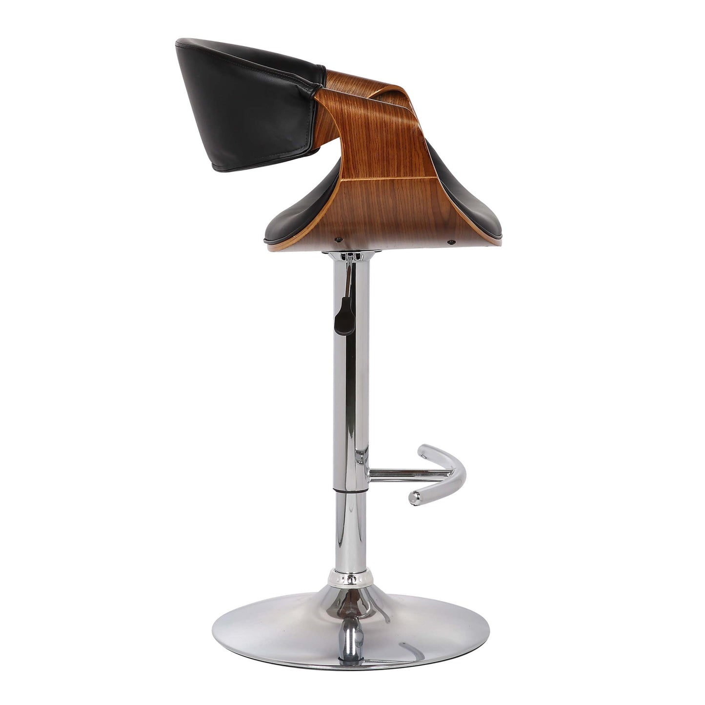 Butterfly Adjustable Height Swivel Black Faux Leather and Walnut Wood Bar Stool with Chrome Base