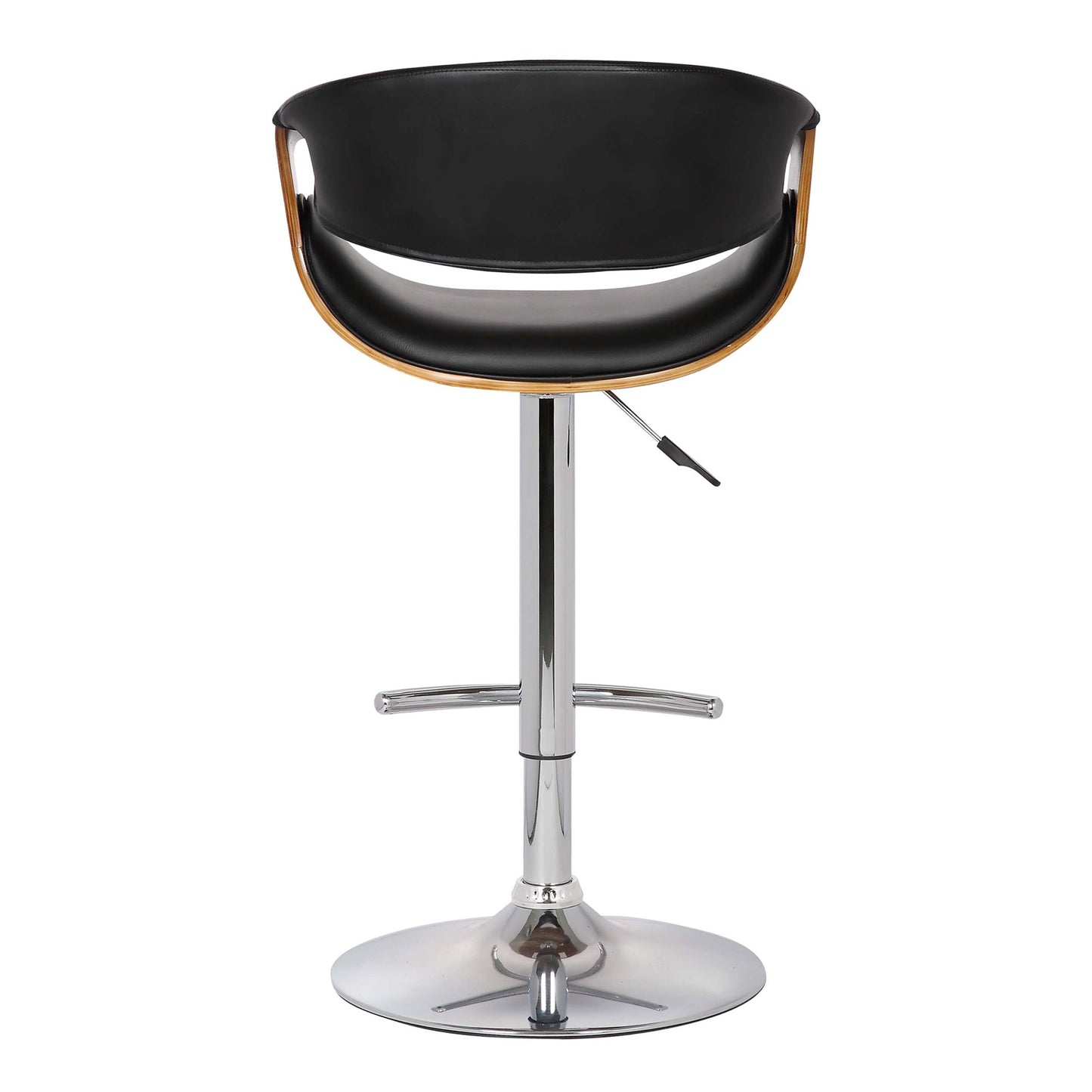 Butterfly Adjustable Height Swivel Black Faux Leather and Walnut Wood Bar Stool with Chrome Base