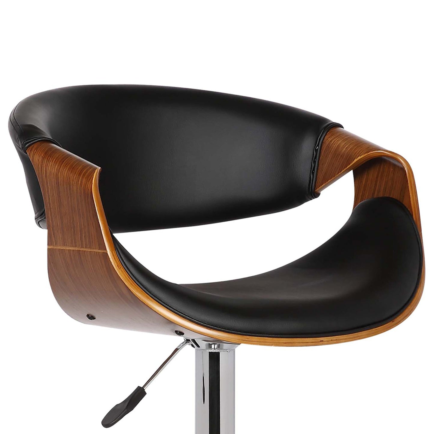 Butterfly Adjustable Height Swivel Black Faux Leather and Walnut Wood Bar Stool with Chrome Base